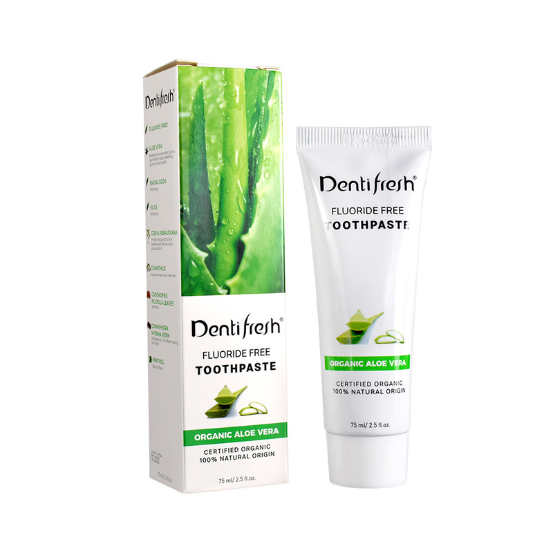 DENTIFRESH প্রাকৃতিক সার্টিফাইড অ্যালোভেরা টুথপেস্ট 75 মিলি প্রাপ্তবয়স্ক শিশুদের জন্য ফ্লোরাইড মুক্ত